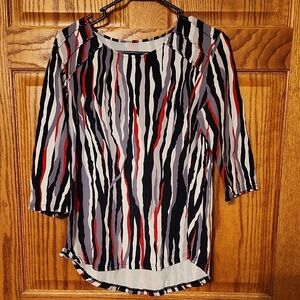 Striped Women's Top - Black, Red, White Mid Sleeve Size M